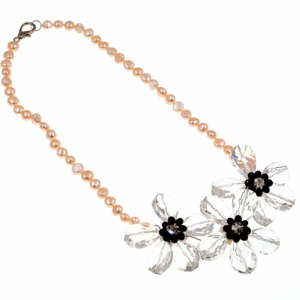 arrival Crystal woven flower Natrual pink pearl beaded chokers necklace