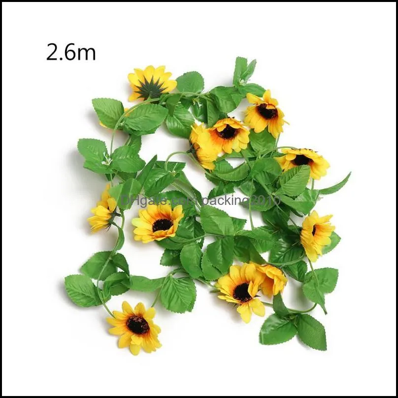 260cm Artificial Flowers With Green Leaves Hanging Garland Fake Silk Sunflower Ivy Vine Garden Fences Home Wedding Decal Decorative &
