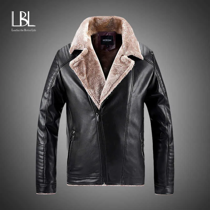 Veste en cuir d'hiver hommes Vintage moto doublé de fourrure revers Faux chaud daim manteau hommes 211009