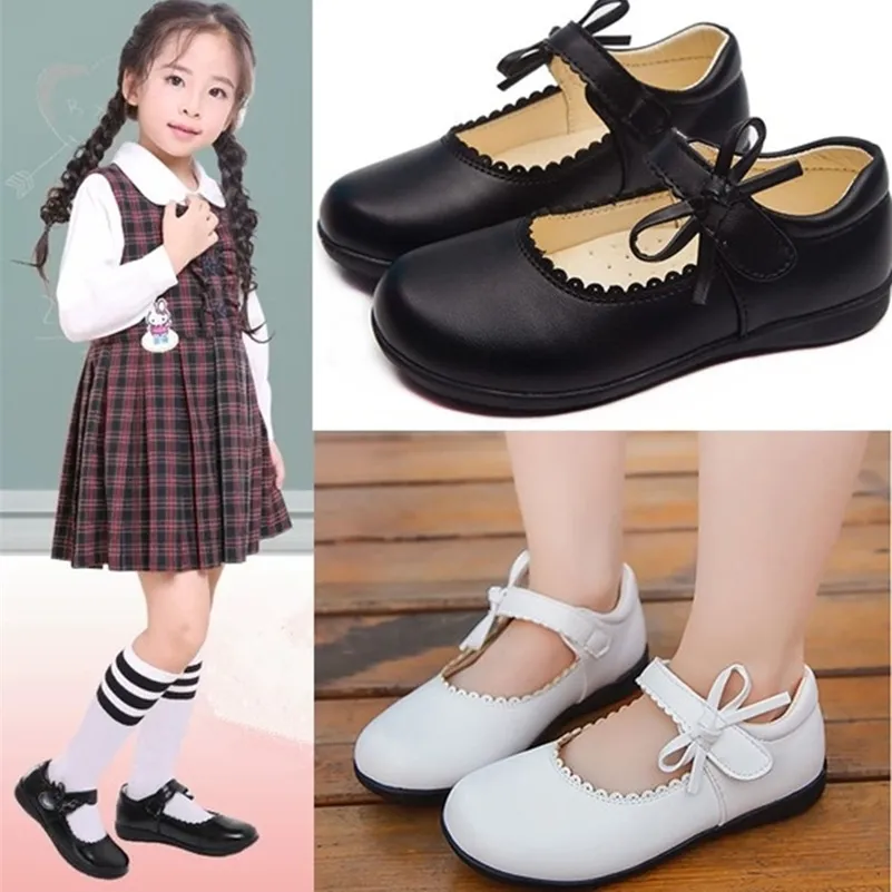 Primavera branca preta Outono meninas princesa sapatos para crianças escola sapatos de couro preto para sapatos de vestido de estudante meninas 3 4 5 6 7 8-15T 210306