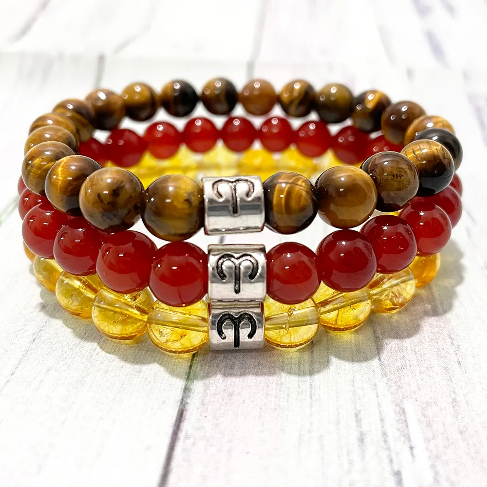 MG1380 Strand Design Aries Zodiac Charm Stack Bracelet Natural Carnelian Citrine Bracelet Tiger Eye Spiritual Balance Wrist Jewelry