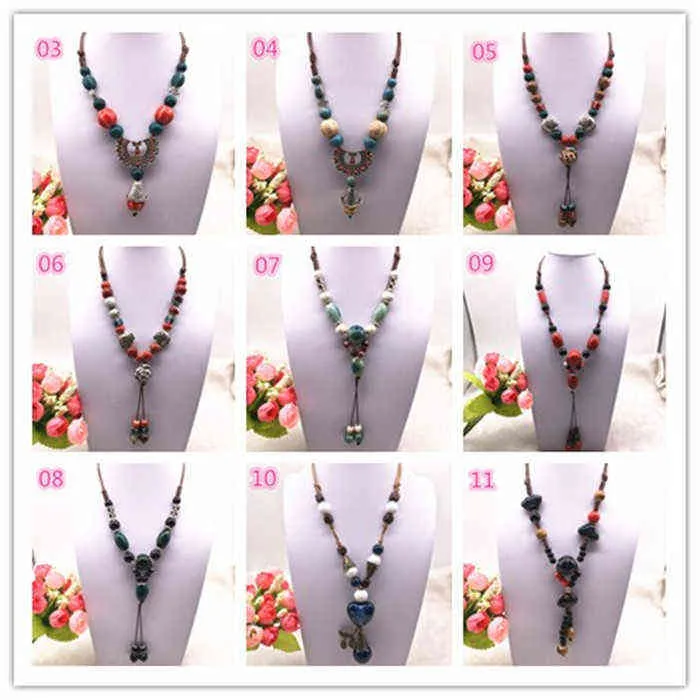 Fashion Ethnic Jewelry Traditional Handmade Ornaments Weave Wax Rope Ceramics Necklace Ceramics Beads Pendant Long Necklace G1206