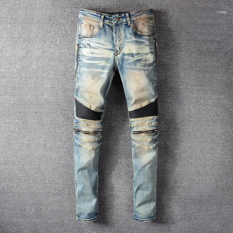 Jeans masculinos moda streetwear homens retrô azul lavagem zíper emendado elástico hip hop calças de carga slim fit motociclista homme1