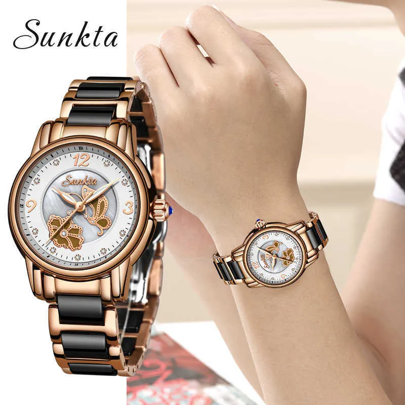 Sunkta 리스팅 로즈 골드 여성 시계 쿼츠 시계 숙녀 탑 브랜드 럭셔리 여성 시계 소녀 시계 Relogio Feminino + Box 210527