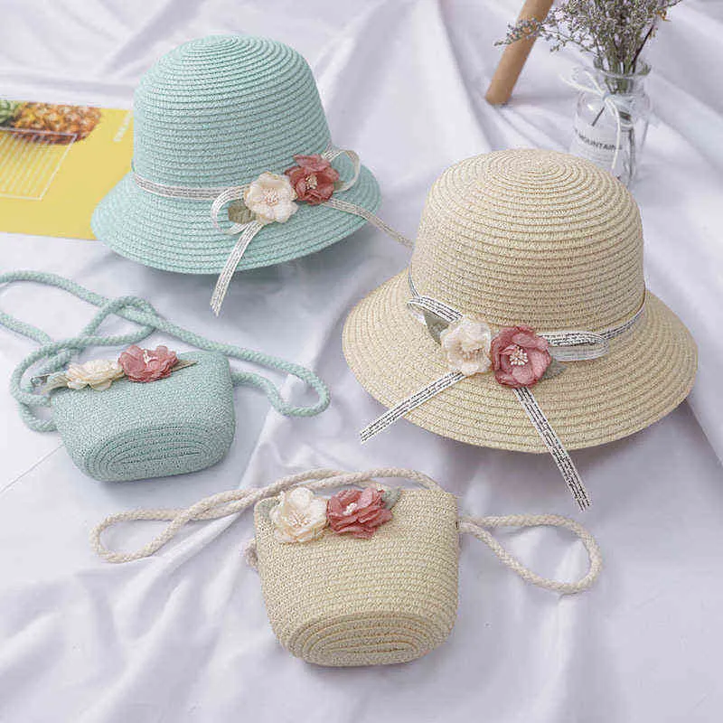 Nya barns halmhatt Lady Small Shoulder Bag Two-Piece Girl Baby Big Brim Flower Bucket Cap G220301