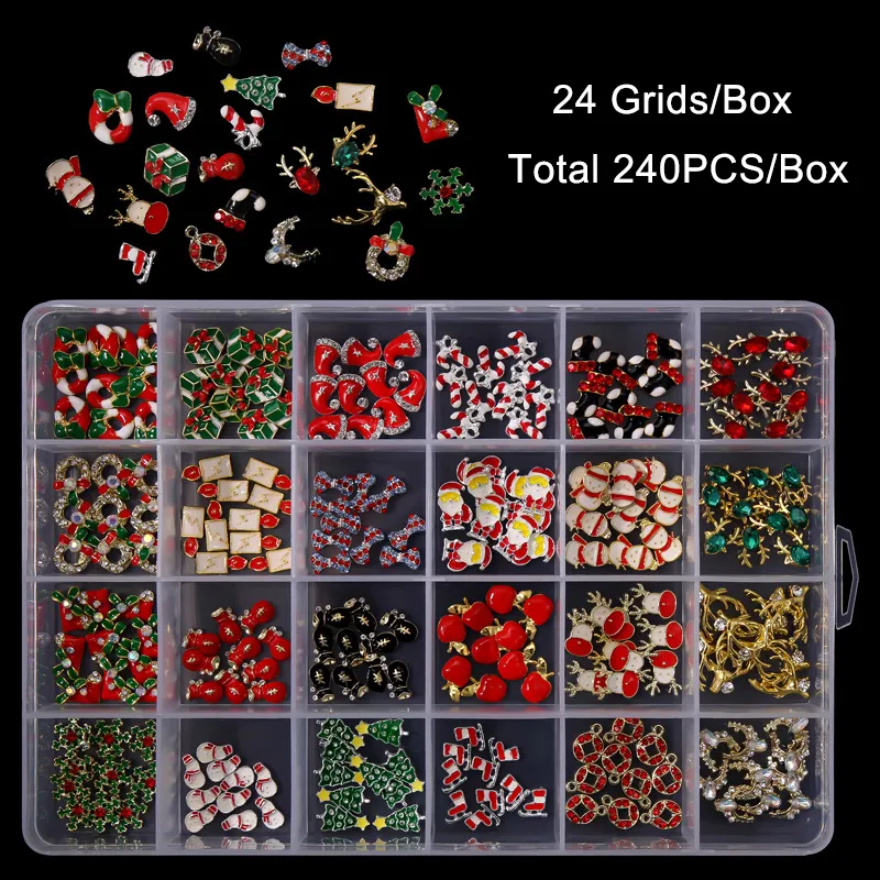 240pcs/boxクリスマスツリーソックスノーフレークネイルアートデコレーション合金3DメタルDIYネイルラインストーンジュエリーアクセサリーツールクリスマスパーティー