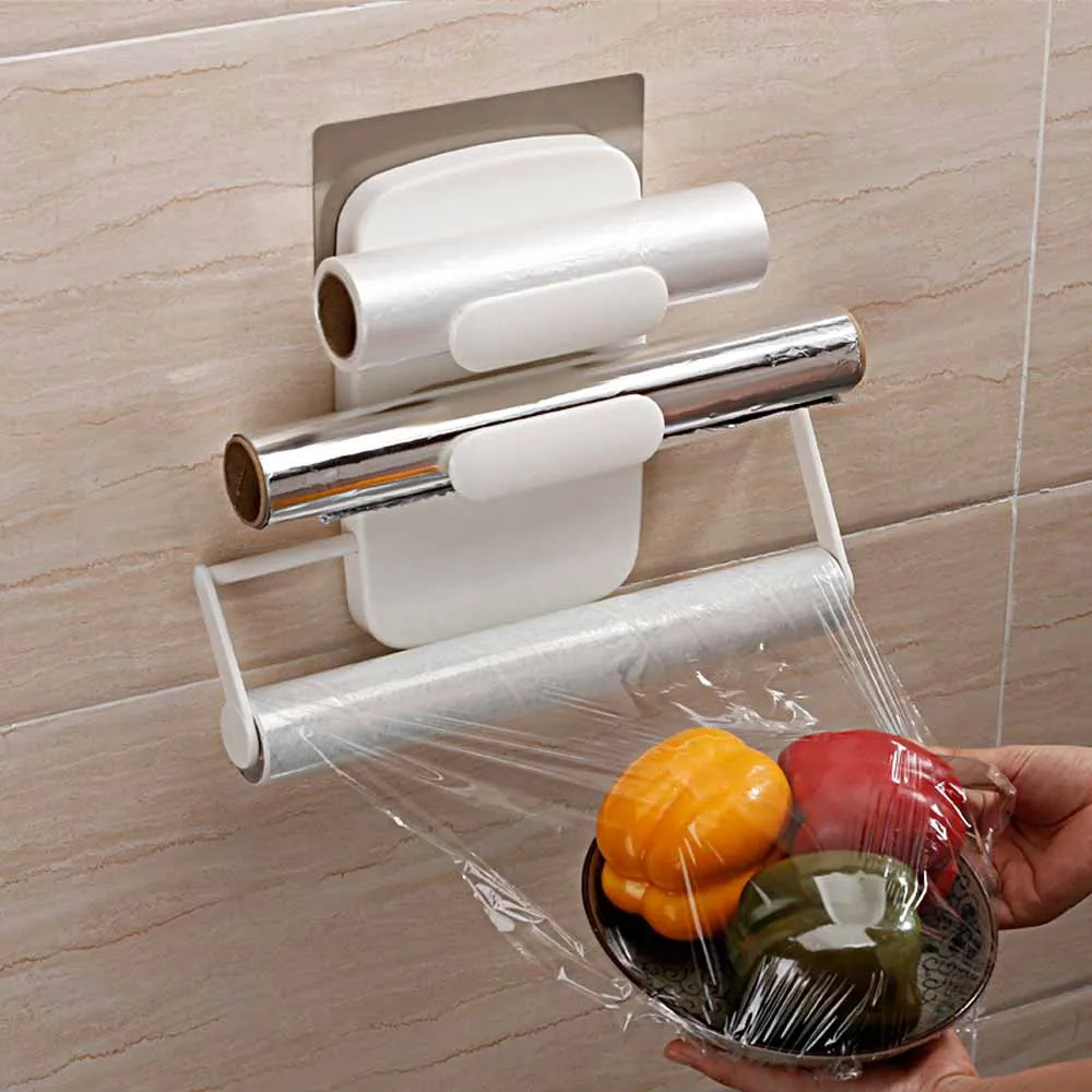 Soporte de corte de película transparente para cocina, botella de salsa, estante de almacenamiento de papel de aluminio, soporte para papel de cocina, organizador de cocina