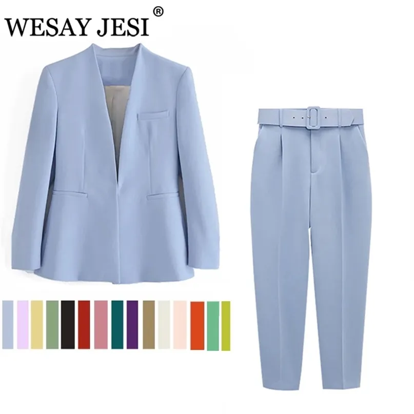 Wesay Jesi Women's Fashion Blazer Office Suit Pantsuit Simple Solid Color Suit Collar Long Sleeve + Trousers 2 Piece Set Blazer 211101
