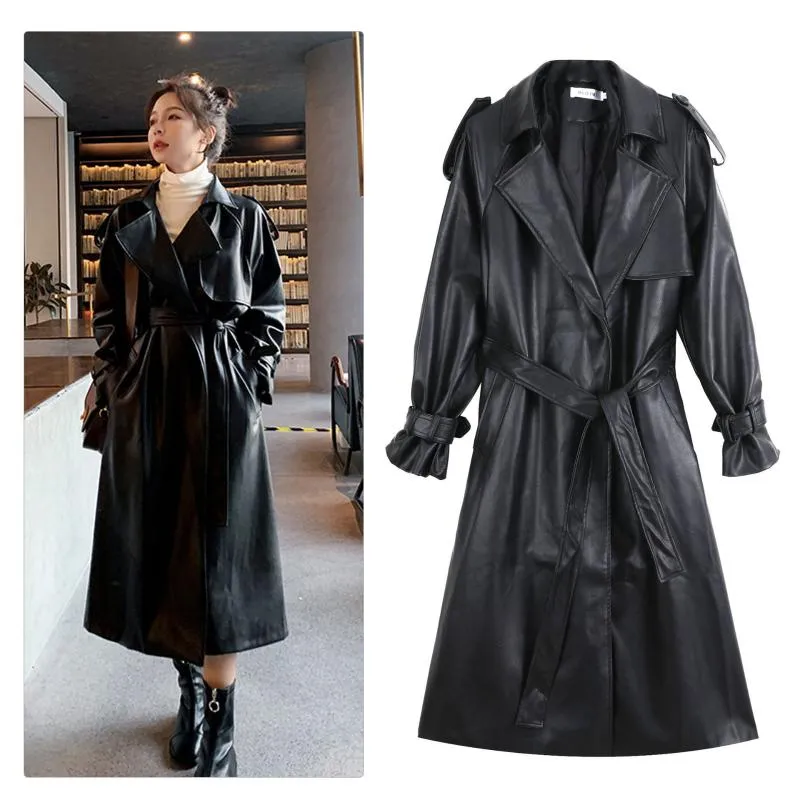 Femmes Trench Coats Mode Manteau En Cuir Pour Femmes À Manches Longues Revers Coupe Ample Automne Noir Vêtements Streetwear Survêtement Printemps Automne