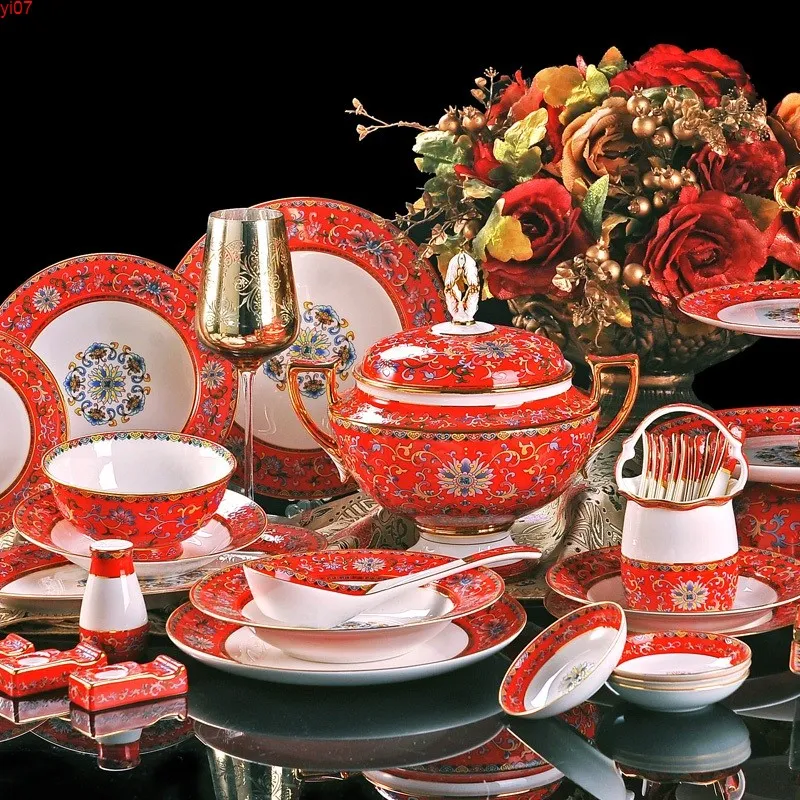 86pieces enamel color bone china tableware set Jingdezhen painted gold high-end dishes home to move the wedding Hotel Clubhigh quatity