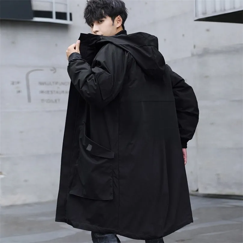 Koreansk mode lång jacka män med huva ren svart huva vindbrytare överrock höst stora fickor stor storlek 211217