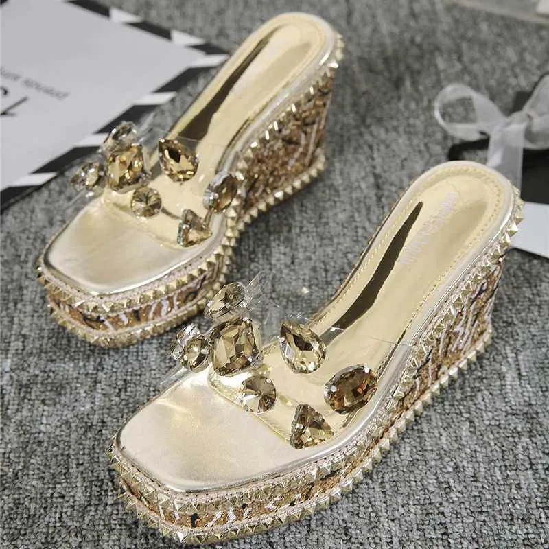 Frauen Sommer Keile Sandalen 10 cm High Heels Silber Rutschen Funkelnden Pailletten Transparent 4 cm Plattform Kristall Schuhe