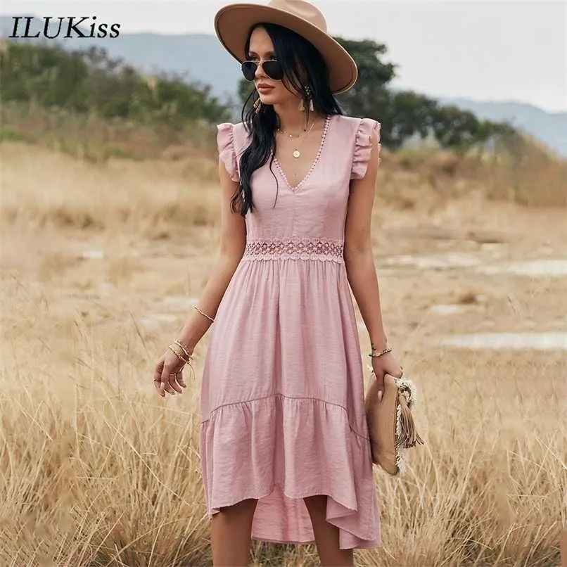 Sommer Frauen Ärmelloses Midi Kleid Mode Aushöhlen Rüschen Rosa Spitze Dünne frauen Elegante Kleider Casual Damen Kleidung 211029