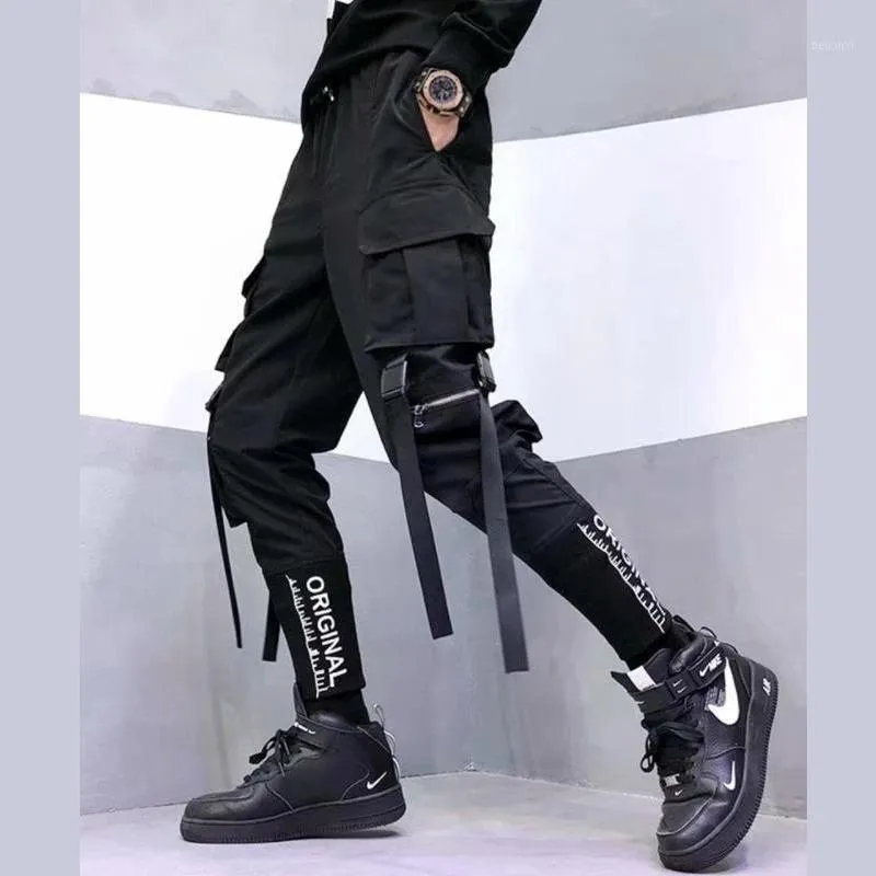여성용 바지 Capris 2021 여성 남성 일본 패션 하라주쿠 스트리트웨어화물 리본 포켓 조ggers Techwear 남자 바지 힙합