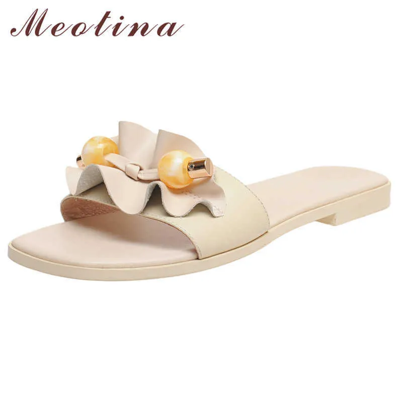 Meotina Slippers Women String Bead Genuine Leather Flat Slides Square Toe Ruffles Shoes Ladies Summer Causal Sandals Female 40 210608