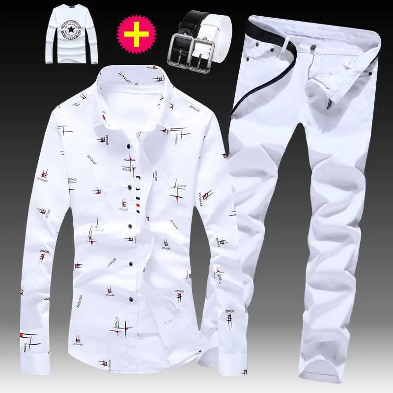 Spring Autumn Men's Long Sleeve Shirt Cotton Blends Jeans Pants 2pcs Set Casual Style Printing White Sky Blue Male Clothes X0251z