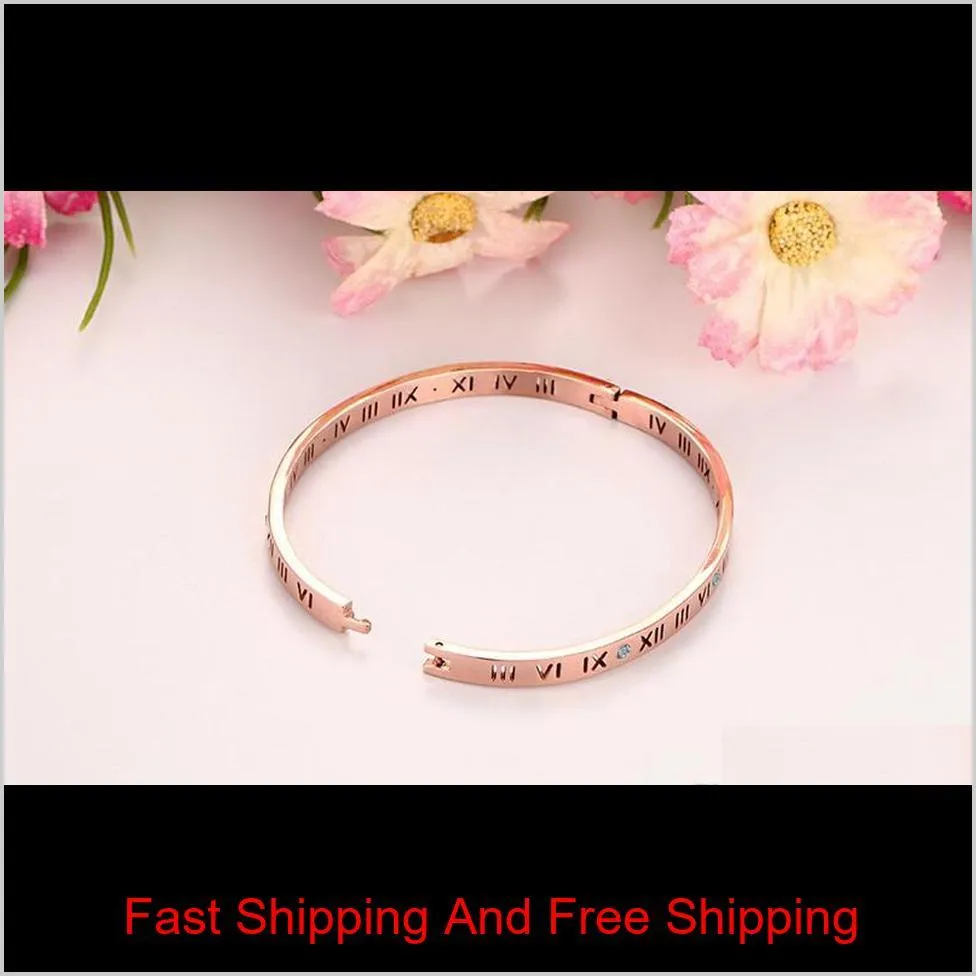  shipping girl`s ip stainless steel rhinestone roman numeral bangle bracelet ,7.5