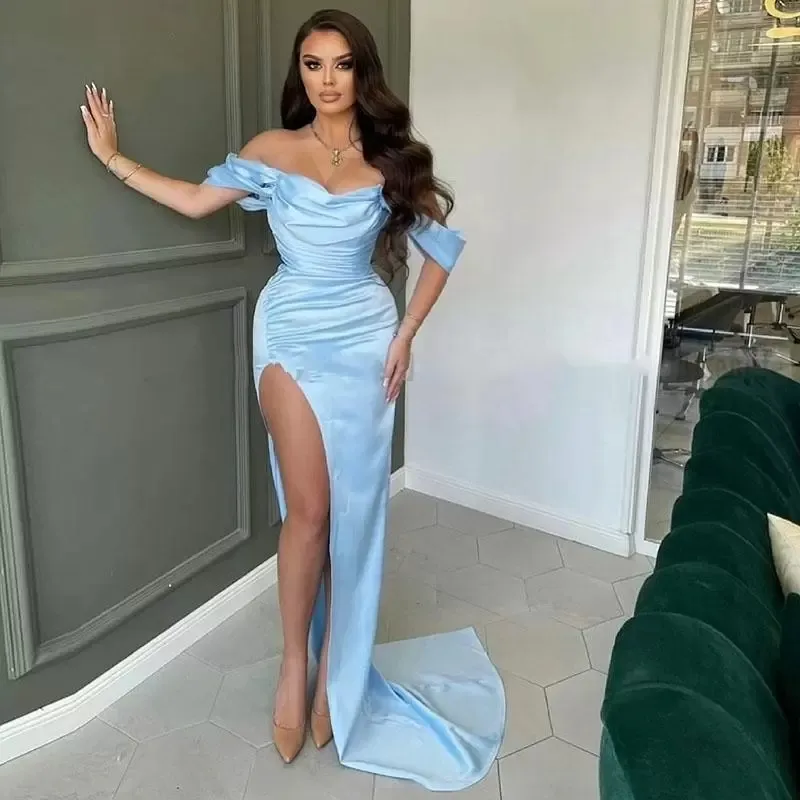 Sexy Mooie Licht Hemelsblauw Satijn Mermiad Prom Jurken Met Hoge Kant Split Off Shoulder Formele Partij Jassen Celebrity avondjurk Custom Made M234