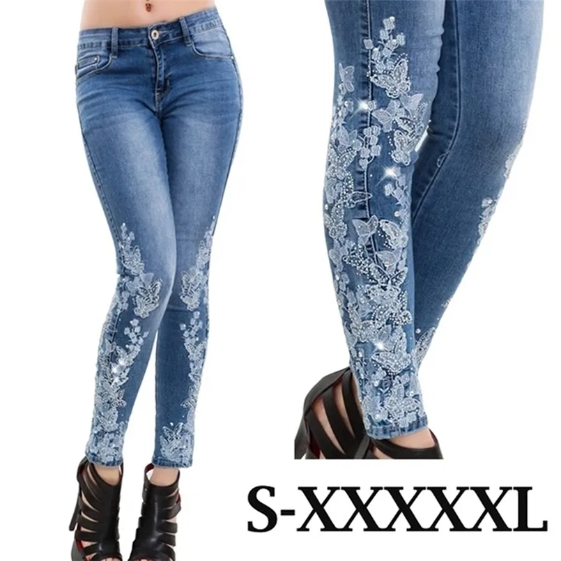 Rozciągliwe haftowane dżinsy dla kobiet elastyczny kwiat żeński slim denim spodnie wzór pantalon femme 210809