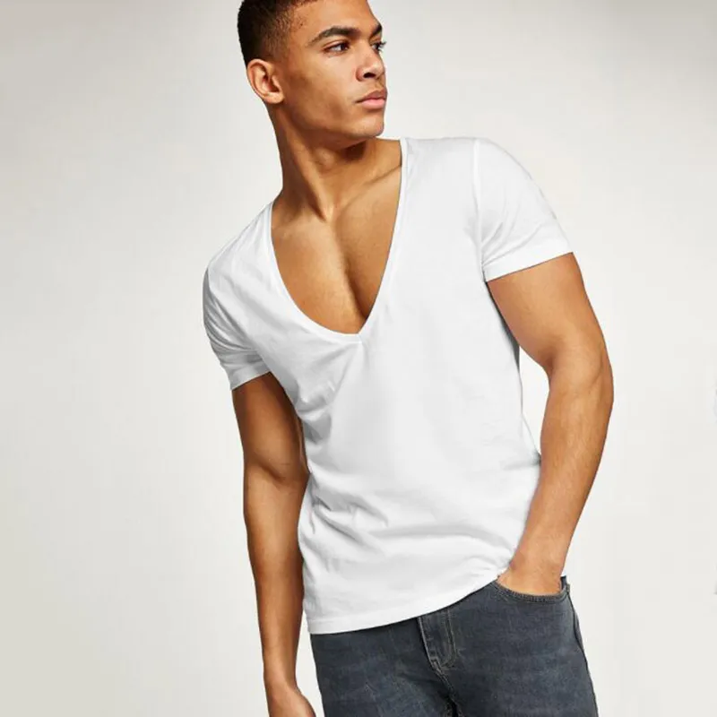 Mens Slim Fit Deep V Neck Low Cut Wide Tee With Invisible Mens V