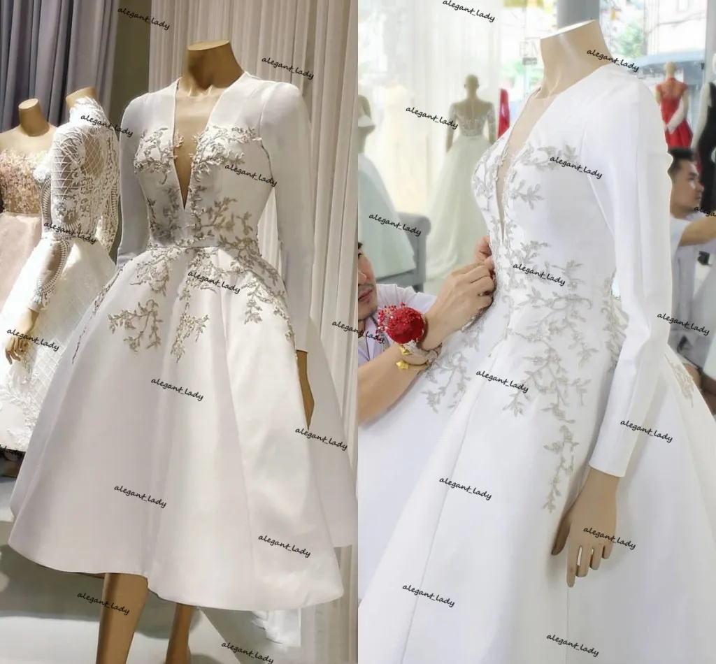 Abiti da sposa vintage anni '20 lunghi fino al tè Manica lunga 2021 Gonna gonfia floreale in pizzo Country Boho Abiti da sposa per il secondo ricevimento