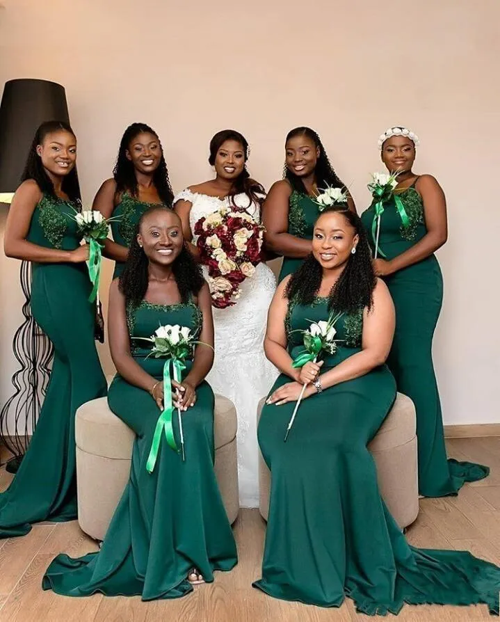 Dark Green Beaded Lace Applique Mermaid mismatched Green bridesmaid dresses with Spaghetti Straps, Sweep Train, and Ruched Pleats - Customizable Plus