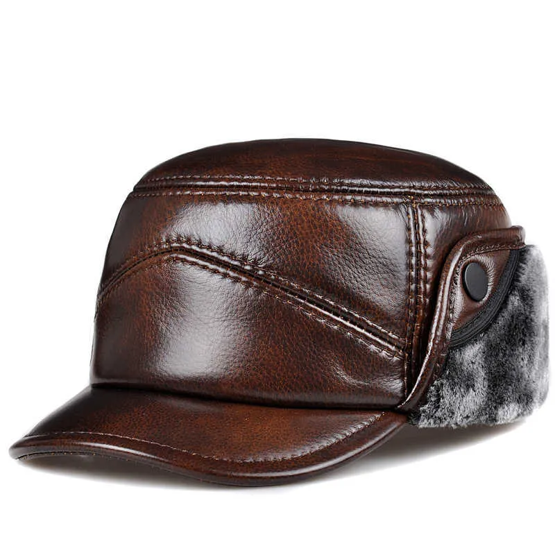 RY0203 2020 Earmuffs Genuine Leather Faux Fur Cap Men Male Thicken Bomber Hats Winter Windproof Warm Hat Flat Gorras Dad Gift Q0911