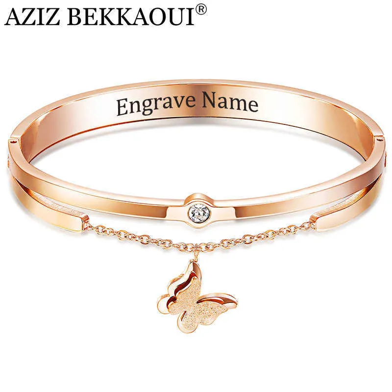 Aziz Bekkaoui Double Layer Rose Gold Engrave Name Woman Bangles Crystal Butterfly Stainless Steel Bracelet & Bangle Jewelry Q0719