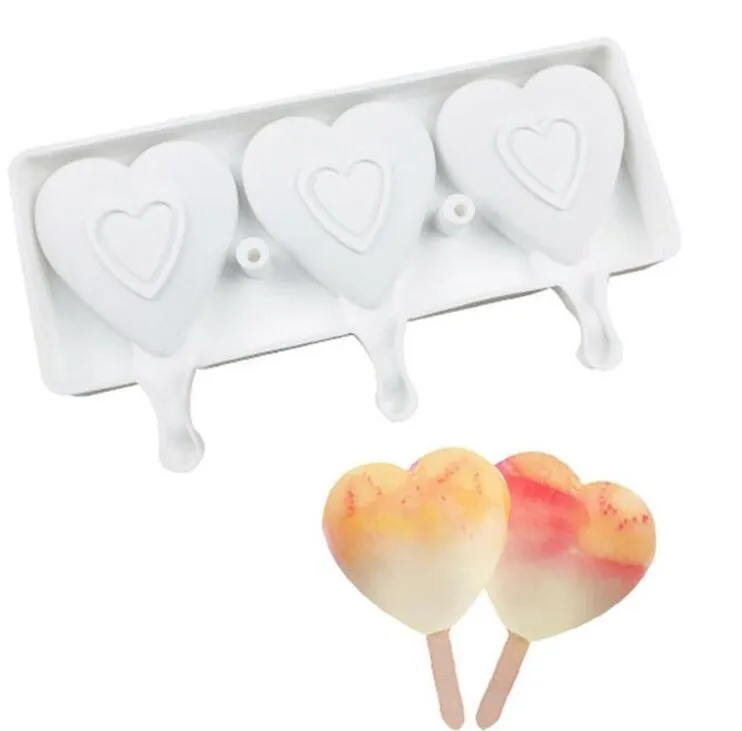 Mat Safe Silicone Ice Cream Mögel 3 Cell Hjärta Frizen Juice Popsicle Maker Dessert Moulds Tubs Valentine