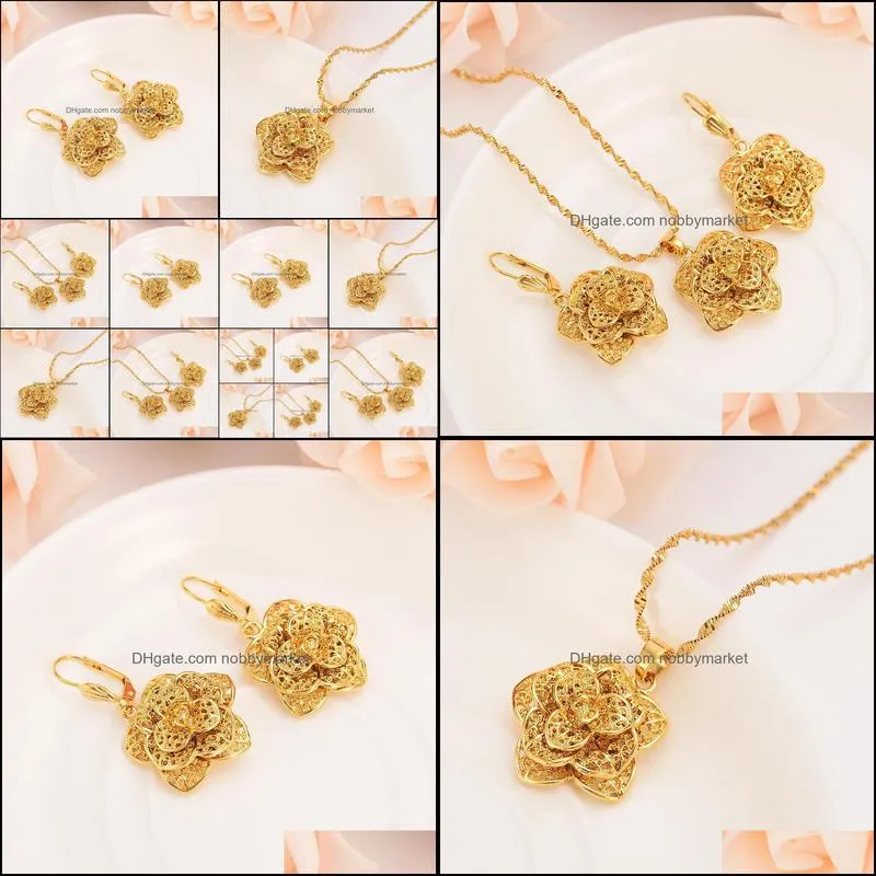 Earrings & Necklace Gold Dubai India Flower Pendant Necklaces Chain For Women Jewelry Sets Wedding Bridal Girls Christmas Gifts