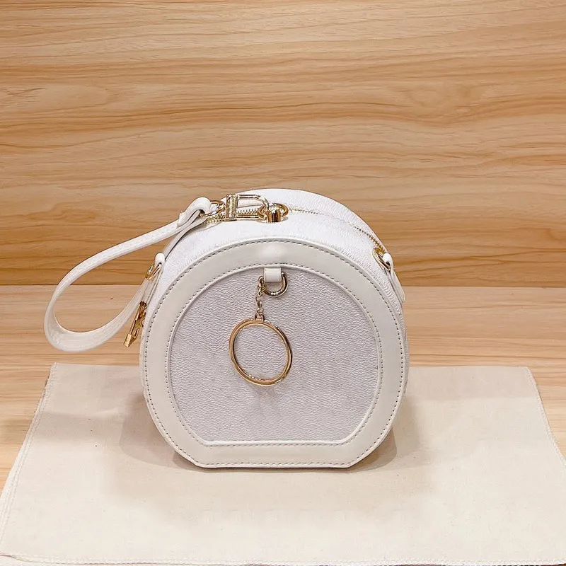 Portable Circle Hand Bag Mini Handbag Purses Fashion Letter Retro Genuine Leather Round Crossbody Bags Zipper Wallets Adjustable Shoulder Strap White Color Clutch