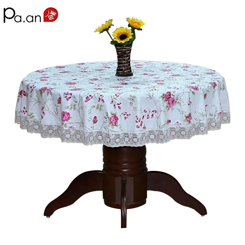 Pastoral Round Table Cloth Plastic Waterproof Oilproof Cover Floral Printed Lace Edge Anti Coffee Tea cloth 210626