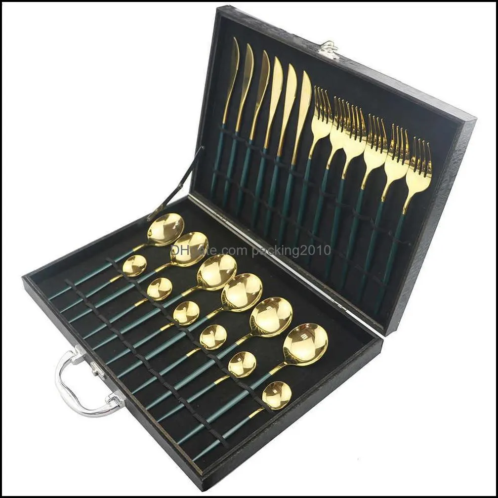 24pcs Dinnerware Set Green Gold Cutlery Set 18/10 Stainless Steel Dinner Set Fork Knife Spoon Tableware Silverware With Gift Box X0703