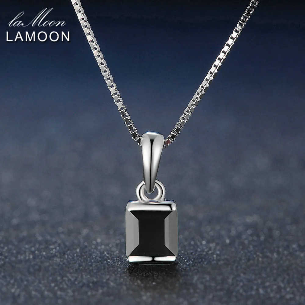 Lamoon Naturlig Square Black Chalcedony 925 Sterling Silver Simple Chain Pendant Halsband Kvinnor Smycken S925 LMNI039 Q0531