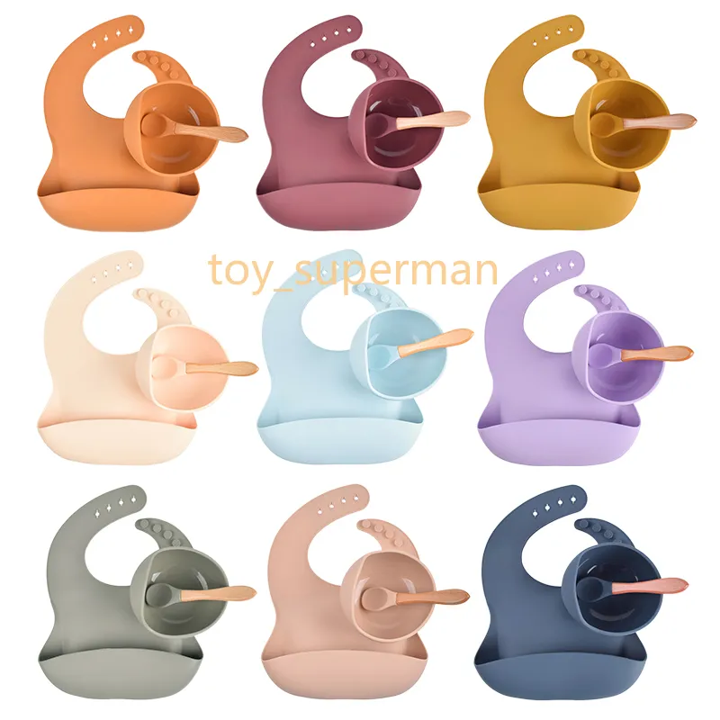 Baby Silicone Bowl Bibs Set Slip Sugplatta Trähandtag Silikon Spoon Bibs Rätter Baby Feeding Porslin