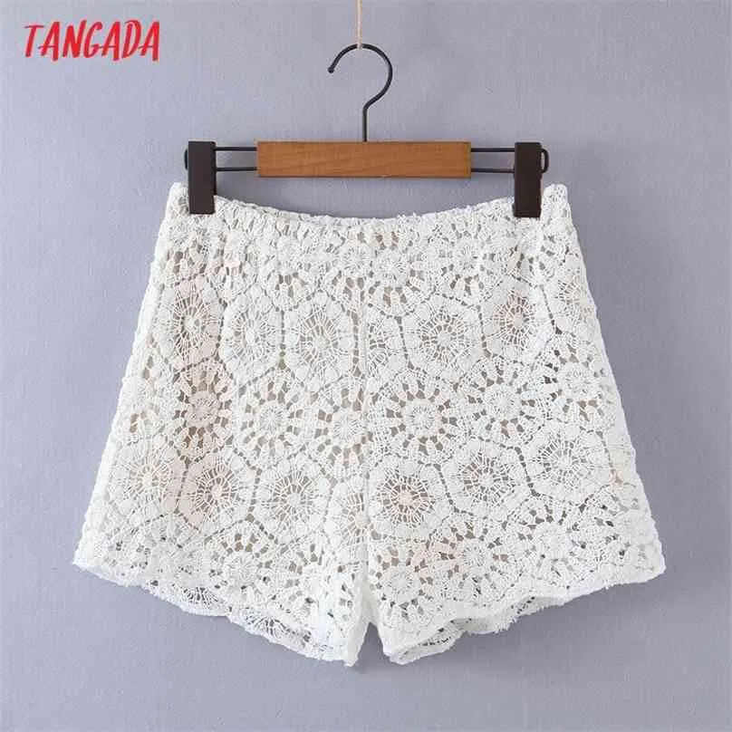 Tangada femmes blanc dentelle broderie Shorts Strethy taille femme rétro basique décontracté pantalons 8H102 210719