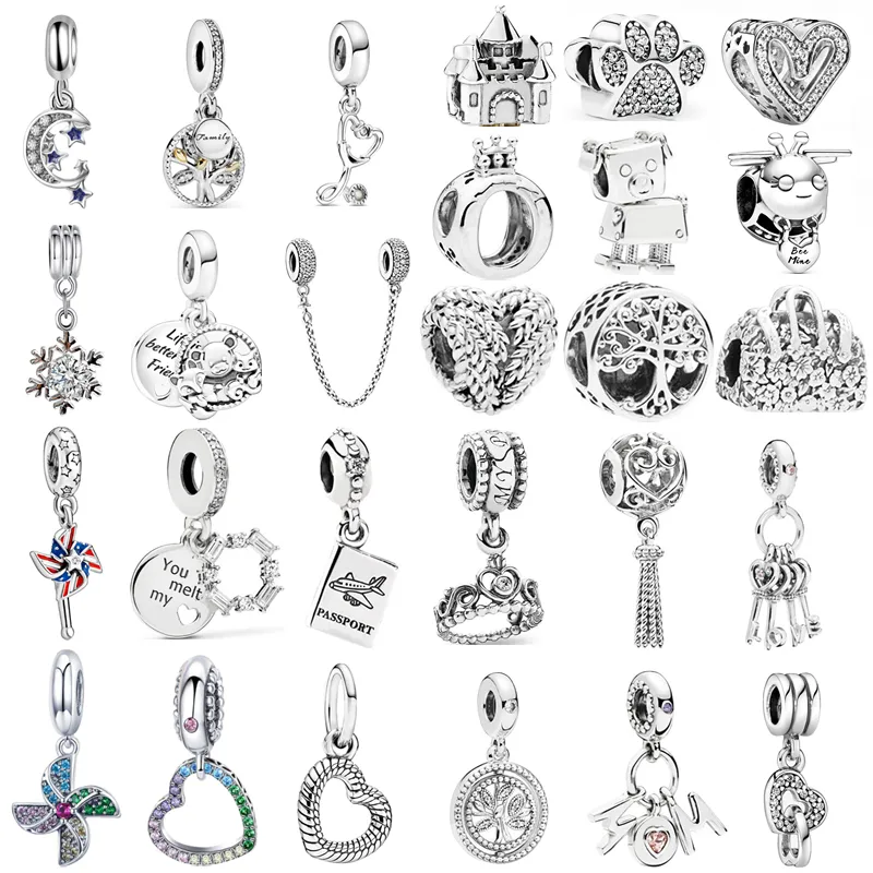 Novo Coração Moinho de Vento Urso Raposa Coroa Moom Amor Pingente Contas Fit Original Pandora Charms Cor Prata Pulseira Feminina Jóias