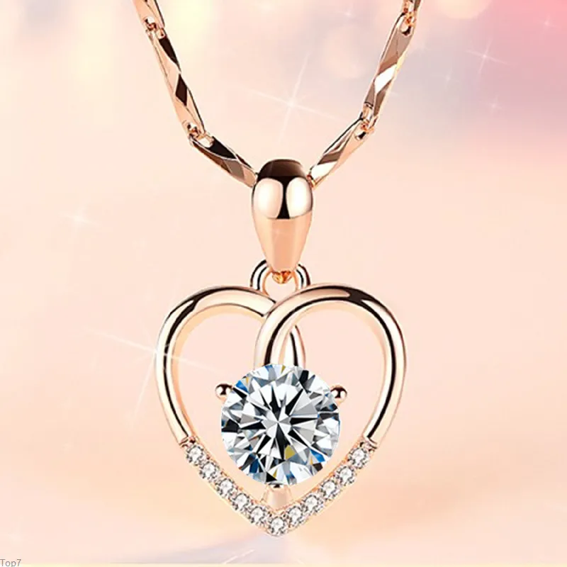 Crystal Womens Halsband Hängsmycke Guardian Love Platinum Plated Rose Gold Happy Peach Heart Collarbone Chain Enkel silver