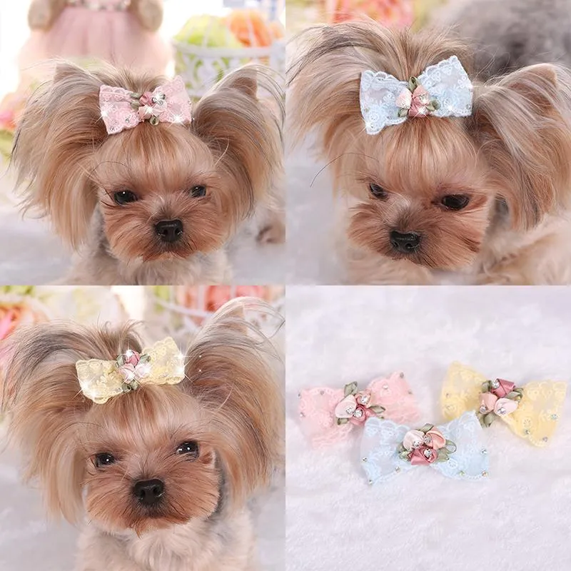 Dog Apparel Pet Headdress Flash Diamond Embroidered Lace Hairpin Small Cat Hair Accessories Yorkshire Bows Grooming