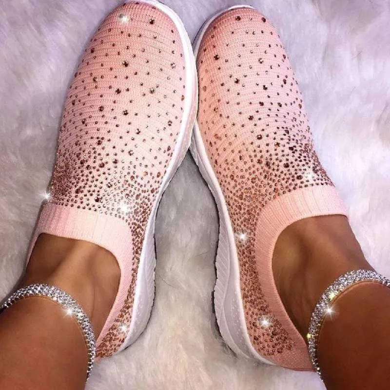 New Women Ankle Shoes Ladies Bling Flats Woman Fashion Loafers Crystal Womens Sneakers Casual Slip on Mesh Tennis Shoes H0902
