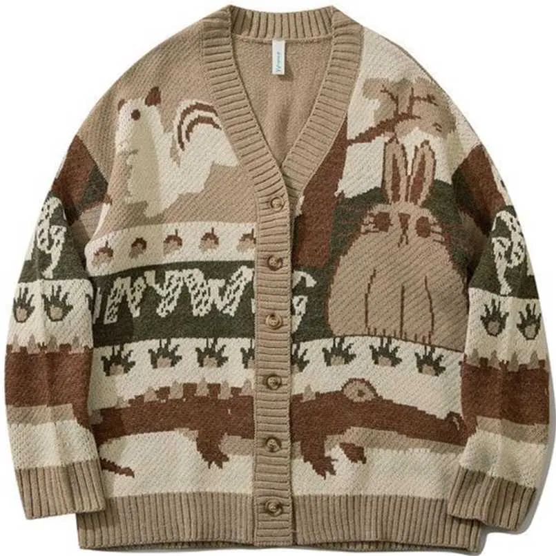 Vintage Cardigan Oversized Tröja Japanska Harajuku Cartoon Stickad Sweater Pullover Hip Hop Streetwear Loose Knitwear Toppar 211006