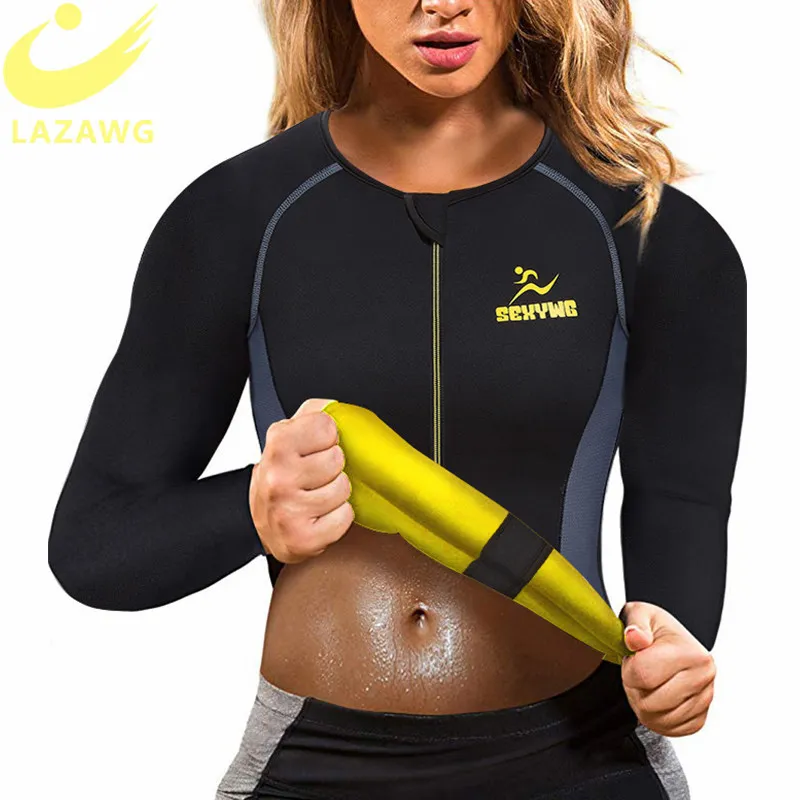 LAZAWG Women Hot Sweat Weight Loss Shirt Neoprene Body Shaper Sauna Jacket Suit Workout Long Training Clothes Fat Burner Top 210305
