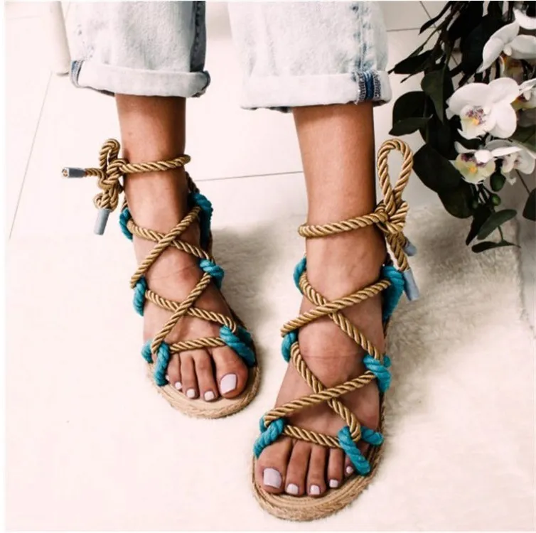 Women Sandals 2020 Fashion Summer Shoes Woman Flat Sandals Hemp Rope Lace Up Gladiator Sandals Non slip Beach Chaussures Femme