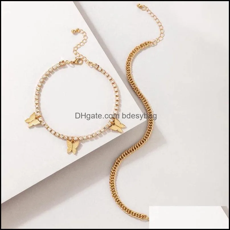 Anklets Luxury Crystal Stone Thick Foot Chain for Women Pretty Gold Butterfly Ajustable Tassel Anklets Jewelry 2pcs/sets