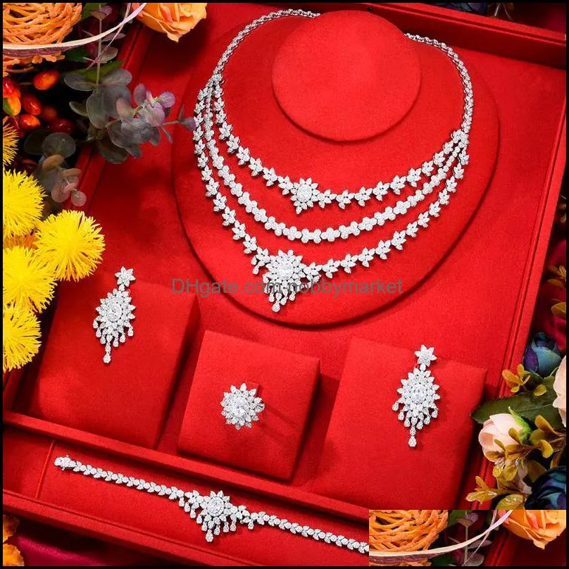 Earrings & Necklace Blachette Fashion Luxury Zircon Three-layer Chain 4PCS High Quality Women`s Wedding Anniversary Dubai Design Jewelry