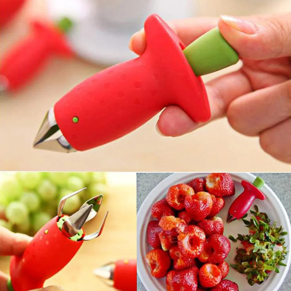 Strawberry Stem Leaf Leaves Huller Remover Tools Removal Fruit Corer Tool Kitchen Gadgets Cutter Red Color DH2017