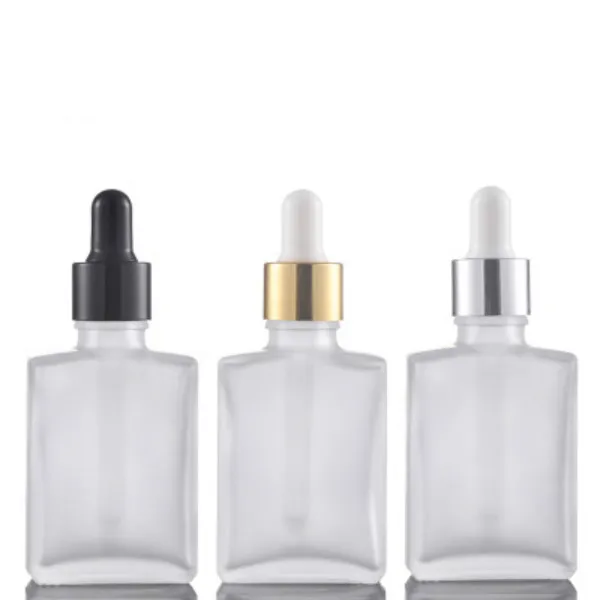 Flacone di vetro contagocce per succo liquido quadrato da 30 ml Flacone di profumo vuoto per e-juice Rettangolo con tappo nero dorato argento per Essential Oi