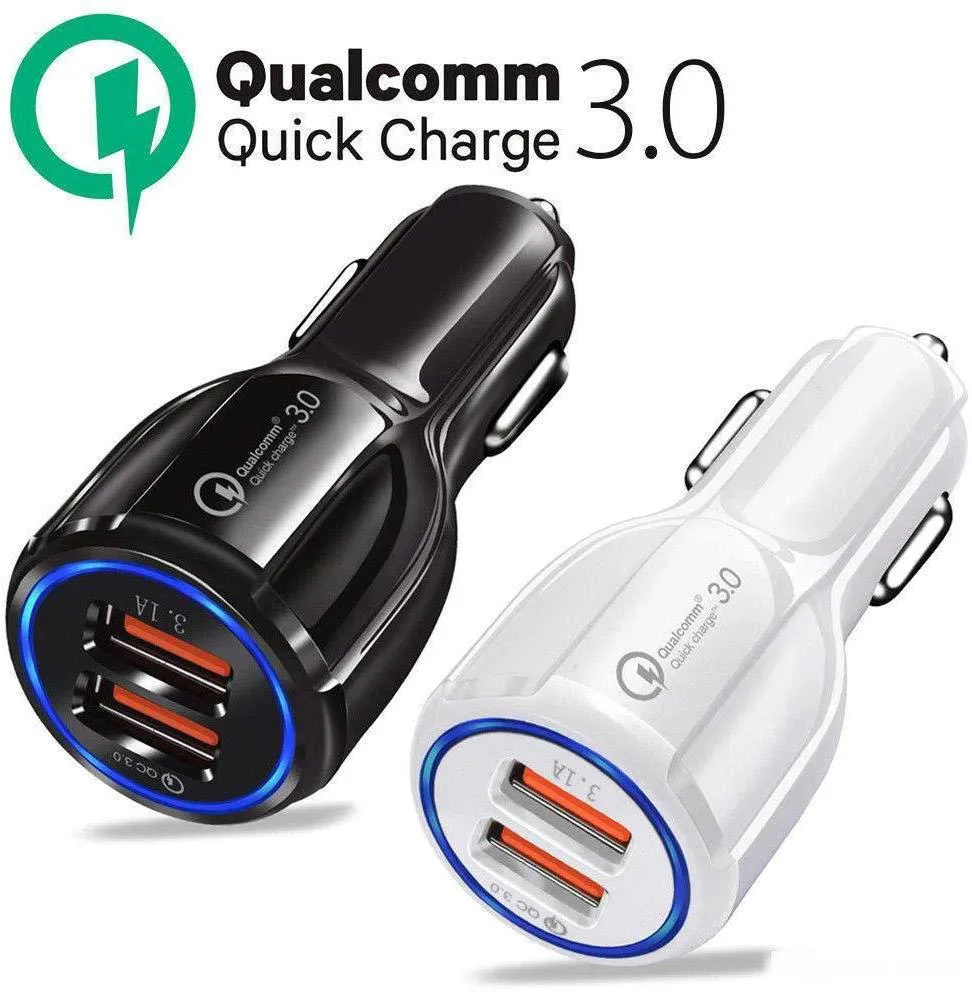 Toppkvalitet för Samsung Galaxy S10 S9 S8 Not 9 QC3.0 Snabbladdning 3.1a Qualcomm Quick Charger Billaddare Dual USB Telefonladdare med OPP-väska