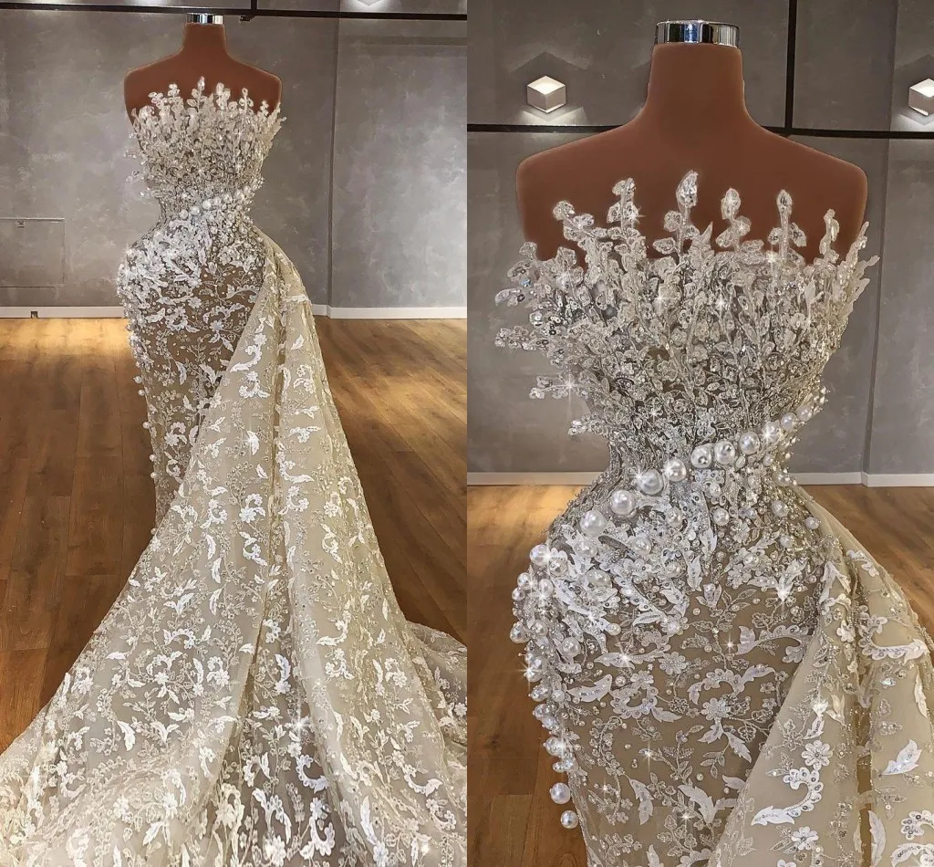 Luxurious Middle East Mermaid Wedding Gowns Sparkly Crystals Lace Strapless Dubai Arabic Bridal Dressse Pearls Beaded Brides Vestidos De Novia AL9417