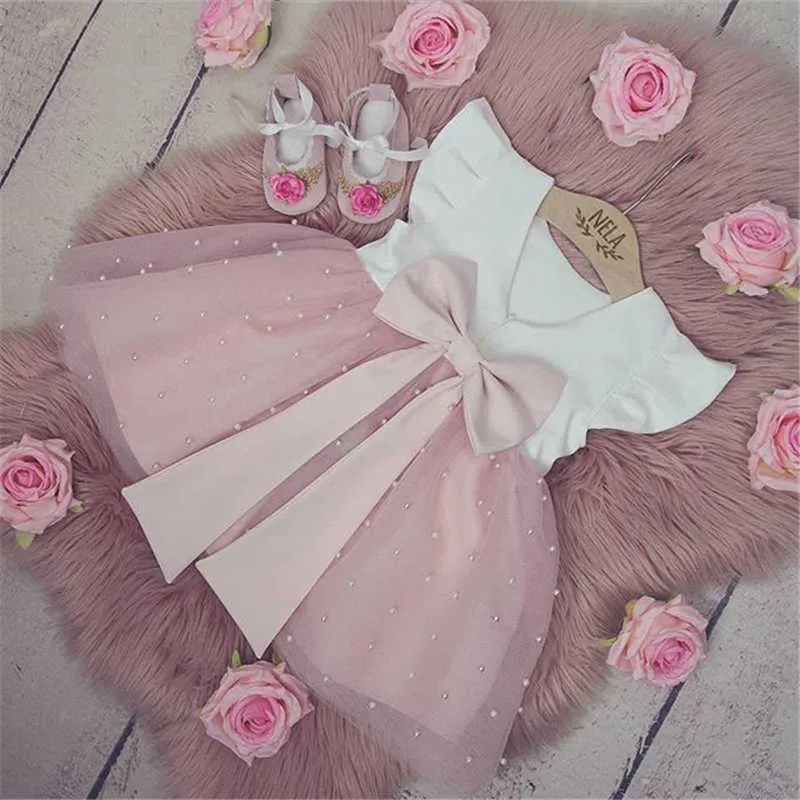 0-5Y zomer prinses baby baby meisjes jurk ruches mouw effen parel kant patchwork terug Bowknot tutu jurk Q0716